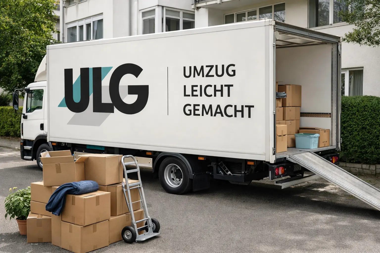 KI-generierte Darstellung: ULG-Umzugswagen mit geöffneter Ladefläche, Rampe und Umzugskartons vor einem Wohnhaus