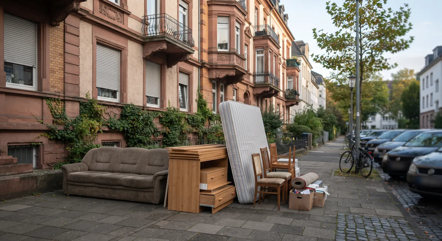 KI-generierte Darstellung: Sperrmüll mit Sofa, zerlegtem Schrank, Matratze und Stühlen ordentlich gestapelt auf dem Gehweg vor einem Kölner Altbau